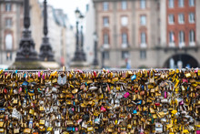 Love Padlocks At Pont De L'Archeveche In Paris. The Thousands Of Locks Of Loving Couples Symbolize Love Forever.