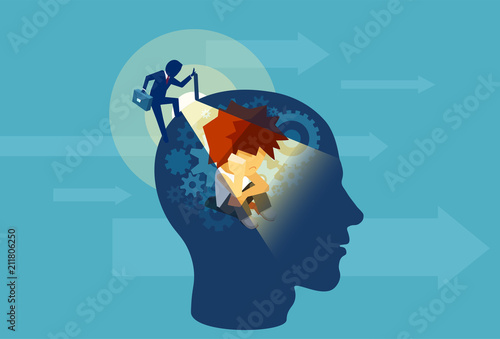 Fotomural Adult business man opening a human head with a child subconscious mind sitting i