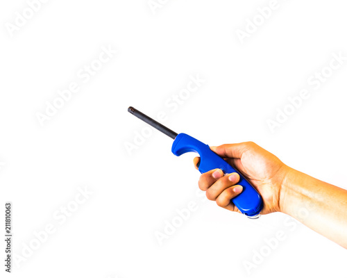 Close Up Studio Shot Of Blue Lighter In Hand Flick Light Smoke