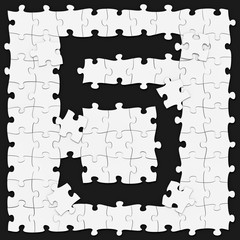 Jigsaw puzzles assembled mathematical digit 5 or five on dark background, puzzle board may be seamless connected along borders, 3D rendered image for math education and childish typography