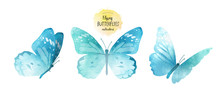 Watercolor Illustrations Of Cute Blue Butterflies, Drawings By Hand, Isolated On White Background