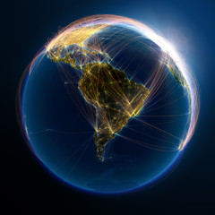Wall Mural - highly detailed planet earth is covered by complex network of air routes based on real data. the rel
