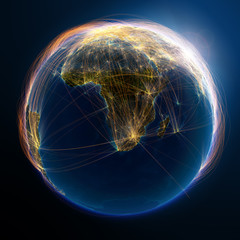 Wall Mural - highly detailed planet earth is covered by complex network of air routes based on real data. the rel