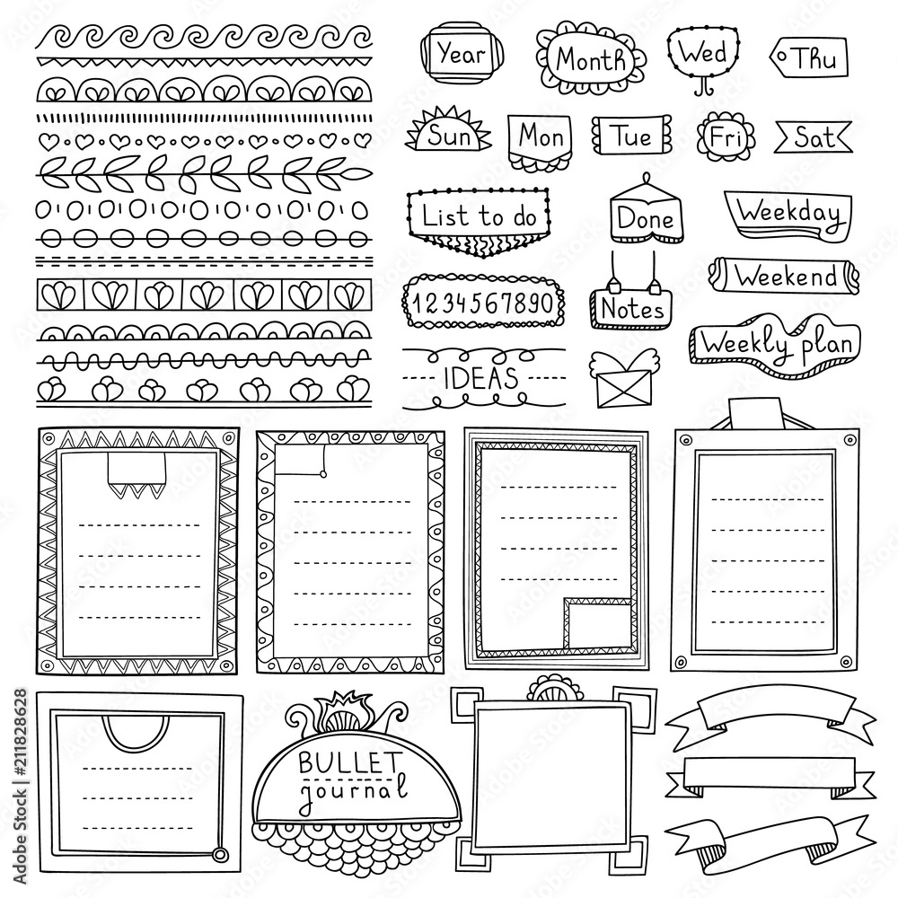 Set of cute hand drawn bullet journal’s elements isolated on white ...