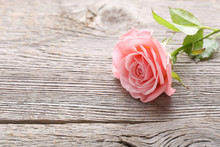 Pink Rose Flower On Grey Wooden Table