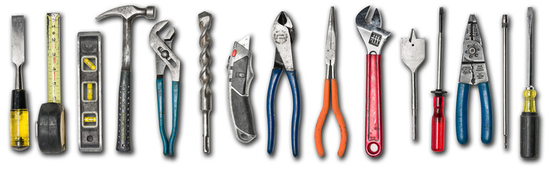 various used tools on white background
