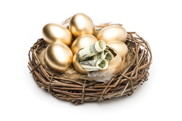 Wall Mural - Nest with golden eggs on a white background. Golden Eggs in Nest with of Dollars