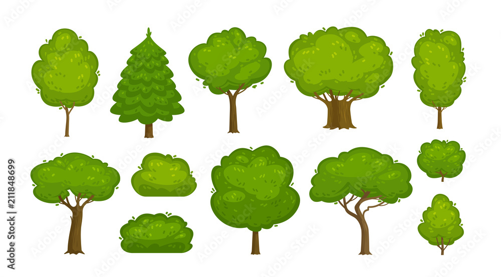 Trees and bushes set of icons. Forest, nature, environment concept. Cartoon vector illustration - obrazy, fototapety, plakaty 