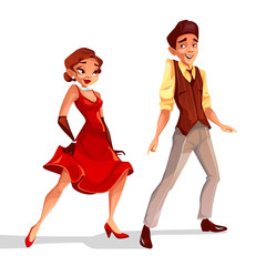 Jazz dancers vector illustration of man and woman characters dancing on cabaret music performance or contest stage in red dress and retro suit with diamond jewelry.