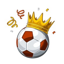 Vector Colorful Illustration Of Brown Soccer Ball In Golden Crown, Isolated On White Background. Soccer Champion. Winner 1.2