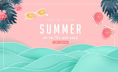 Wall Mural - summer sale design with paper cut tropical beach bright color background layout banners .orange sung
