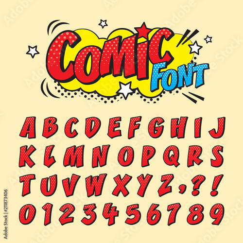 Comic retro font set Alphabet  letters  number in style 