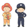 © Jindamanee - Vector illustration of city professions, firefighter & policeman. What I want to be when grow up. Children occupation costume. Childhood development, education, kid concept. Cartoon character drawing.