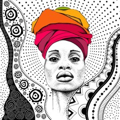 Wall Mural - African woman with African in turban, tribal background. Beautiful black woman. Vector illustration