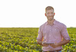 © Zoran Zeremski - Portrait of young farmer standing in field holding tablet in his hands and examining soybean corp.