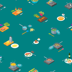 Poster - Cooking or Preparation Food Seamless Pattern Background Isometric View. Vector