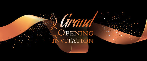 Wall Mural - Grand opening invitation flyer template with gold ribbon, swirls and confetti on black background. Festive design can be used for banners, invitation cards, posters