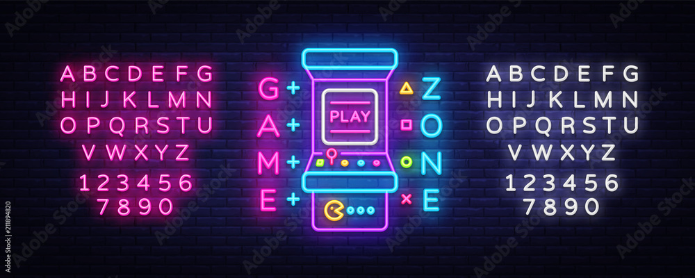 Game Zone Logo Vector Neon. Game Room neon sign board, design template, Gaming industry advertising, Gaming Machine vector, light banner, bright neon design element. Vector. Editing text neon sign - obrazy, fototapety, plakaty 