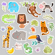 Cute set of stickers of safari animals and flowers. Savanna and safari funny cartoon sticker animals. Jungle animals vector set of sticker elements. Crocodile, giraffe, lion and monkey, and other
