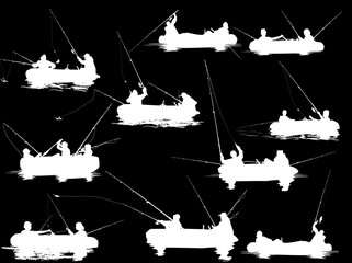 Wall Mural - set of ten boats with fishermen on black