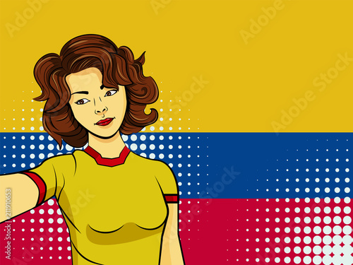 Asian Woman Taking Selfie Photo In Front Of National Flag Colombia In Pop Art Style Illustration Element Of Sport Fan Illustration For Mobile And Web Apps Buy This Stock Vector And