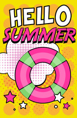 Wall Mural - Hello Summer banner, bright retro pop art style poster with lifebuoy vector Illustration