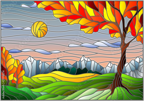Dekoracja na wymiar  ilustracja-w-stylu-witrazu-z-jesiennym-krajobrazem-drzewem-na-gorskim-krajobrazie-i