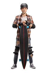 Sticker - Teenage skater wearing protective equipment and holding a longboard