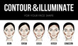Contouring & illuminate makeup for different types of woman's face. Vector set of different forms of female face. How to put on perfect make up. Contouring and highlighting for face shapes.