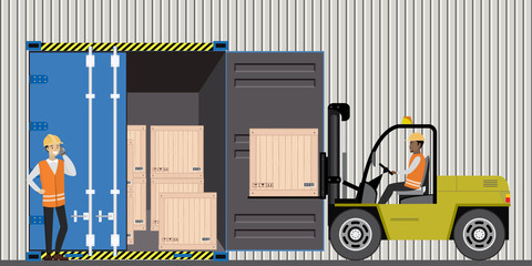 Forklift working with cargo container and product wooden boxes