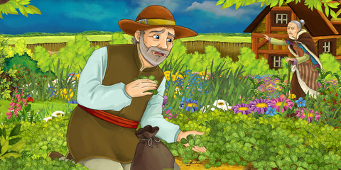 cartoon scene with man in the garden gathering some herbs - illustration for children