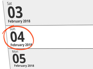 Date Sunday 04 February 2018 circled in red on a calendar