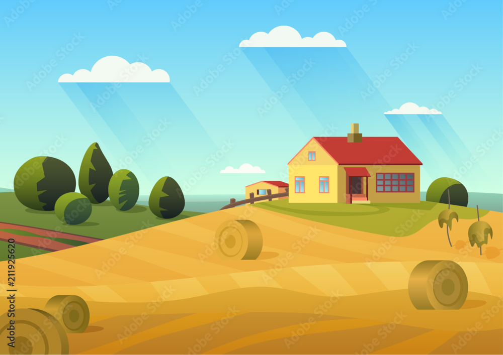 Colorful vector illustration of farmhouse in countryside with golden haystacks and blue sky. - obrazy, fototapety, plakaty 