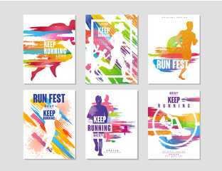 run fest posters set, sport and competition concept, running marathon, colorful design element for c