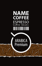 Vector Label Design For Coffee Beans With Cup And Barcode On Black Background