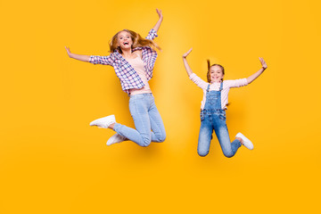 Wall Mural - Different teen age game victory win childish emotion expression concept. Full length size body portrait of cheerful laughing delightful comic girl in casual denim outfit isolated on bright background