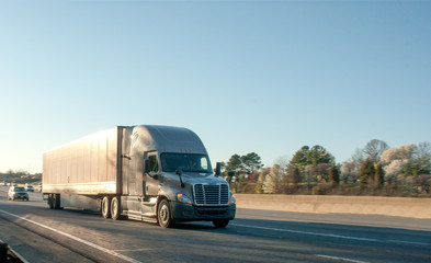 This image shows a heavy truck on the highway. 