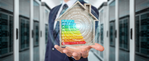 Wall Mural - businessman using 3d rendering energy rating chart in a wooden house