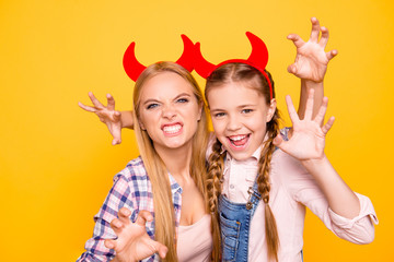 Wall Mural - Evil bad behavior adhd nightmare concept. Close up portrait of dangerous funny funky screaming laughing kind with red horns want to scare terrify you isolated on bright vivid background