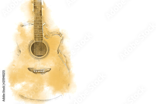 Fototapeta Gitara  streszczenie-kolorowa-gitara-na-pierwszym-planie-na-tle-akwarela-malarstwo-i-cyfrowy-i