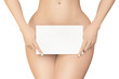 Female covers her pubic area by white empty sign on white background