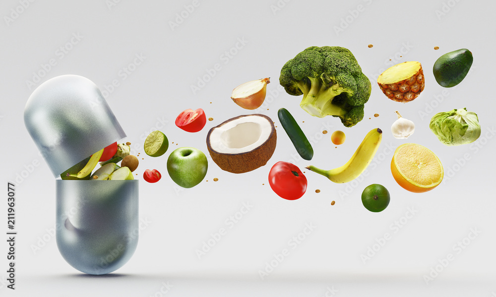 Capsula con vitamine, frutta e verdura - obrazy, fototapety, plakaty 