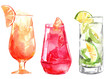 Hand drawn illustration of watercolor cocktails set.