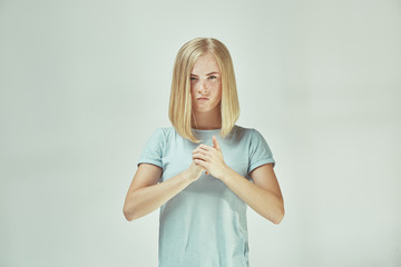 Wall Mural - Young serious thoughtful business woman. Doubt concept.