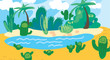Doodle cartoon desert oasis with palm cacti background. Tropical landscape. Vector isolated hand draw landscape. Use as picture for childrens game book cover notes wallpaper in nursery scenery