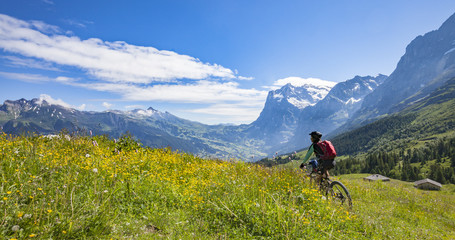 Wall Mural - nice and ever young senior woman riding her e-mountainbike in Jungfrauregion,Switzerland, alps