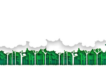 Wall Mural - eco green and white forest background. paper art style.