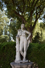 Rome,  busts and statues of historical and mythological figures in the avenues of Villa Borghese, a large public park in the center of the city.