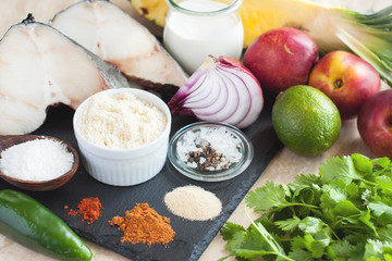 Wall Mural - Ingredients for crusted cod with peach and pineapple salsa