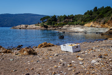 Wall Mural - Acquarilli beach in Capoliveri, on the Island of Elba.
An old refrigerator lying around on the beach. The waste in the ocean is destroying nature more and more.